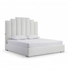Queen White Vertical Channel Faux Leather Bed with USB