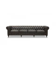 Black leather sofa with comfortable rectangle cushions and wooden frame