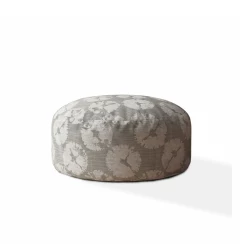 24" Gray Canvas Round Floral Pouf Ottoman