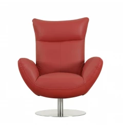 37" Red And Silver Genuine Leather Swivel Lounge Chair