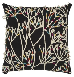 Black cream impressionistic branch design throw pillow with floral and plant patterns