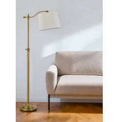 63" Bronze Adjustable Height Swing Arm Floor Lamp With White Fabric Shade