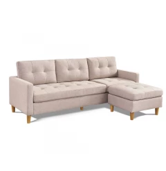 87" Beige Polyester Blend and Natural Sofa with Ottoman