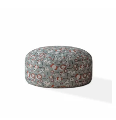 24" Gray and White Cotton Round Animal Print Pouf Ottoman