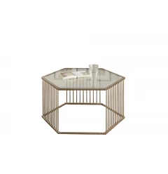 34" Champagne And Clear Glass And Metal Hexagon Coffee Table