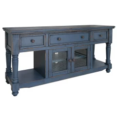 70" Blue Solid Wood Open shelving Distressed TV Stand