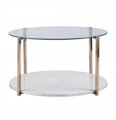 33" Gold Glam Glass And Faux Marble Two Tier Round Coffee Table