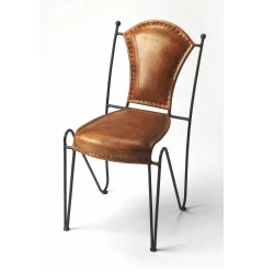 Brown faux leather side chair with wood legs and comfortable armrests