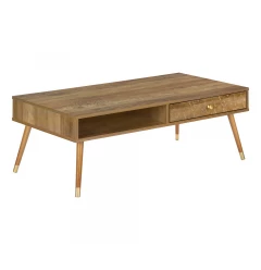 44" Natural And Brown Solid Wood Coffee Table With Drawer And Shelf