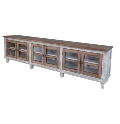 Distressed wood TV stand with enclosed cabinet storage and shelving