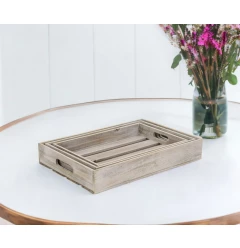 gray rectangular wood handmade tray with handles and flowers