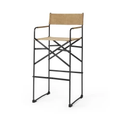 35" Brown And Black Leather And Iron Bar Chair