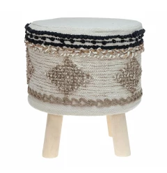 16" Beige Jute And Brown Round Abstract Ottoman