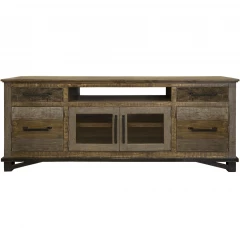 76" Brown Solid Wood Cabinet Enclosed Storage Distressed TV Stand