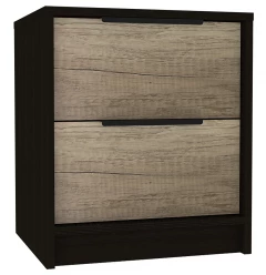 Black open compartment nightstand with wood finish and multiple drawers