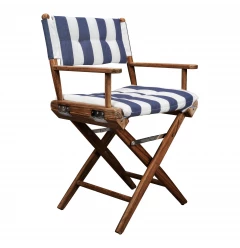 Blue and White And Brown Solid Wood Director Chair With Blue and White Cushion