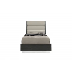 Twin Dark Grey High Gloss Bed Frame with Faux Leather Headboard