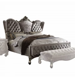 Queen Tufted Gray And Gray and Black Upholstered Velvet Bed With Nailhead Trim