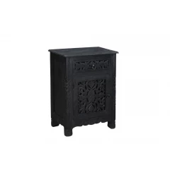 30" Distressed Black One Drawer Floral Carved Solid Wood Nightstand
