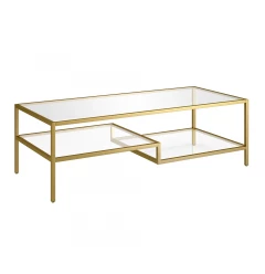 54" Gold Glass And Steel Coffee Table With Two Shelves