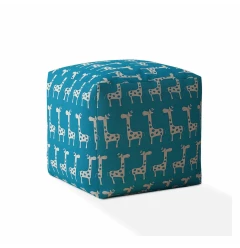 17" Blue and White Cotton Giraffe Pouf Ottoman