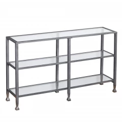49" Clear and Silver Glass Distressed Frame Console Table With Shelves
