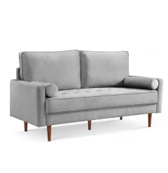 69" Gray Velvet and Dark Brown Sofa and Toss Pillows