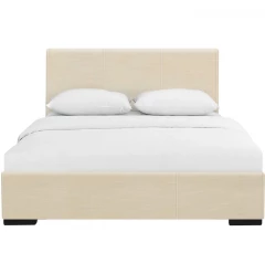 Beige Solid and Manufactured Wood Queen Upholstered Faux Leather Bed Frame
