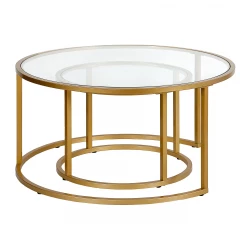 Set of Two 35" Gold Glass And Steel Round Nested Coffee Tables
