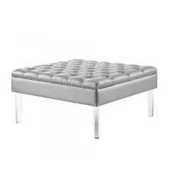 35" Silver Faux Leather And Clear Tufted Cocktail Ottoman
