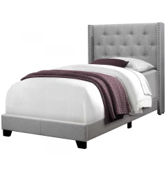 Gray Solid Wood Twin Tufted Upholstered Linen Bed Frame with Nailhead Trim