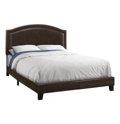 Solid Wood Queen Brown Upholstered Linen Bed With Nailhead Trim