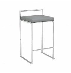 31" Gray And Silver Faux Leather And Solid Wood Backless Bar Height Bar Chair