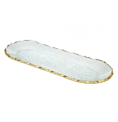 clear gold oval crystal serving tray with metal accents