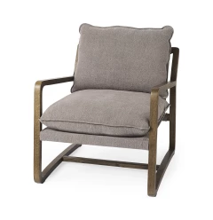 Rustic cozy brown gray accent chair with armrests and natural wood material