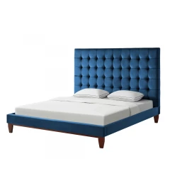 Navy Blue Solid Wood King Tufted Upholstered Velvet Bed