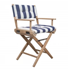 Blue and White And Brown Solid Wood Director Chair With Blue and White Cushion