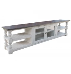 Distressed TV stand with enclosed cabinet and metal aluminium details