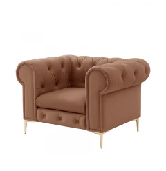 34" Camel And Gold Faux leather Tufted Chesterfield Chair