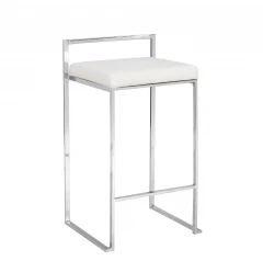 31" White and Silver Faux Leather and Solid Wood Low Back Bar Height Bar Chair