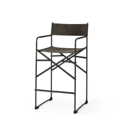 26" Brown And Black Leather And Metal Bar Chair