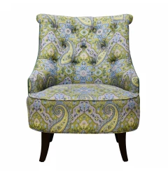 Brown polyester blend damask wingback chair with pillow in a cozy room setting