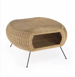 38" Natural And Black Rattan And Iron Oval Coffee Table With Shelf
