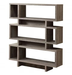 taupe wood floating bookcase with shelves made of plywood and wood stain