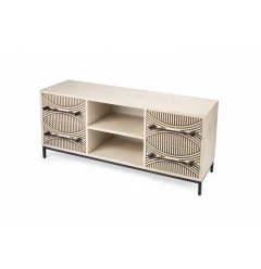 Modern manufactured cabinet enclosed storage tv stand with wood shelving and hardwood details