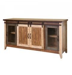 70" Brown Solid Wood Cabinet Enclosed Storage Distressed TV Stand