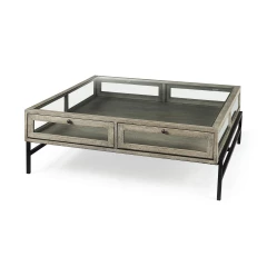 42" Gray And Black Glass And Metal Square Coffee Table With Shelf