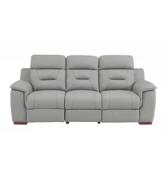 Gray brown faux leather sofa in a comfortable rectangular design with patterned details