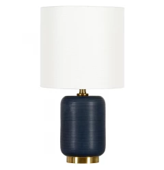 15" Blue and Gold Ceramic Cylinder Table Lamp With White Drum Shade