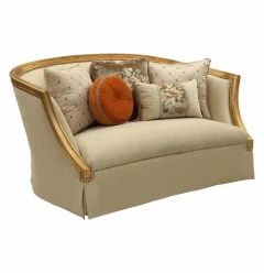 70" Tan And Gold Polyester Blend Curved Loveseat and Toss Pillows